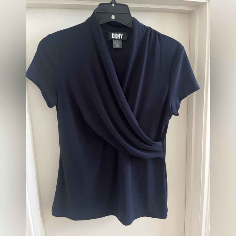 DKNY Navy Blue Wrap Blouse with Short Sleeves Size Medium